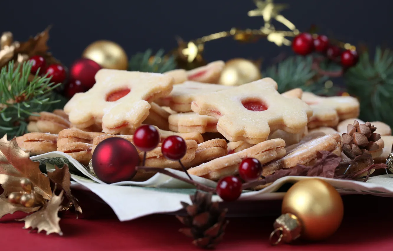 Photo wallpaper balls, decoration, table, cookies, dessert, cakes, Christmas