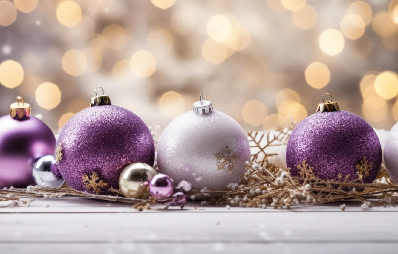 Photo wallpaper purple, balls, new year, Christmas, lilac, Christmas decorations, lilac background, AI art