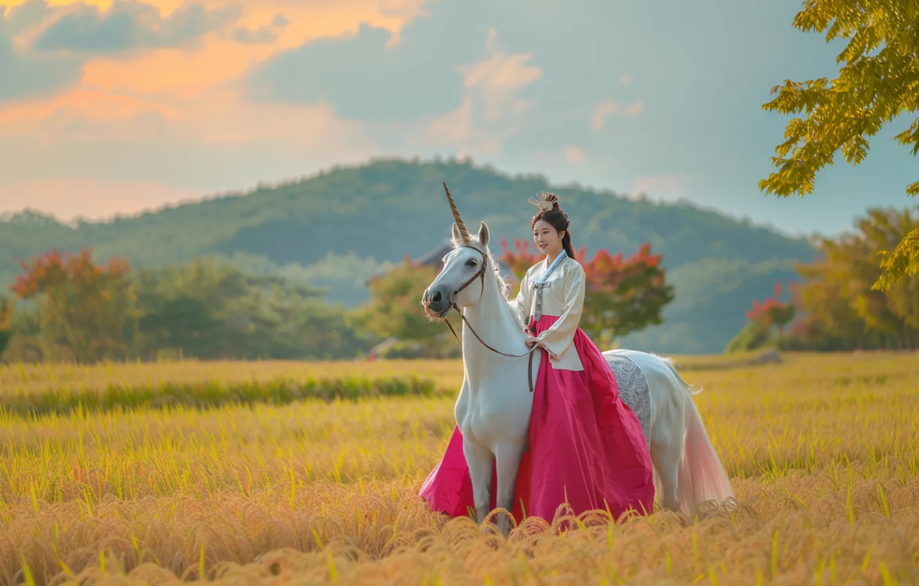 Photo wallpaper field, forest, girl, clouds, nature, fog, horse, horse