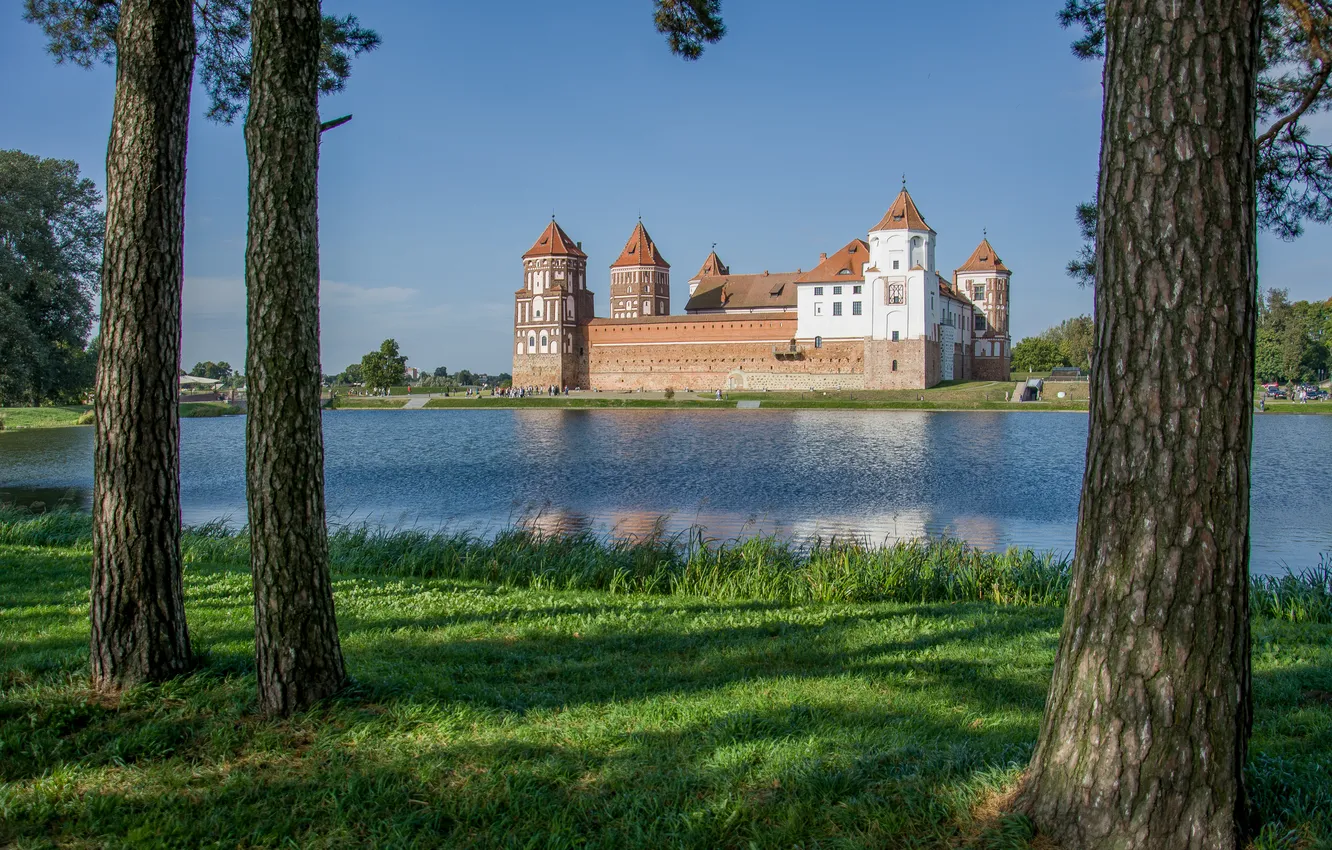Photo wallpaper lake, castle, the world, architecture, journey, history, Mir castle