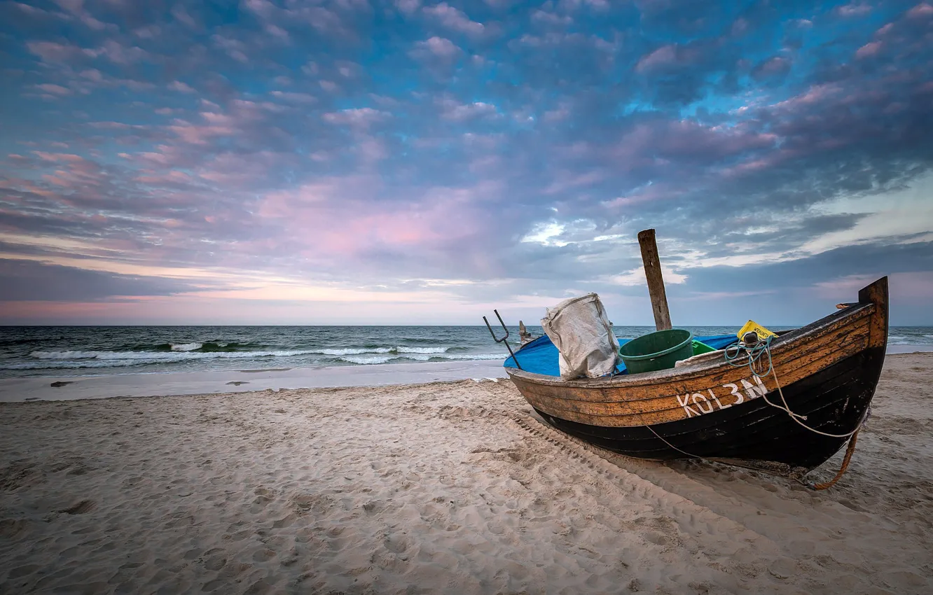 Photo wallpaper sand, sea, shore, boat