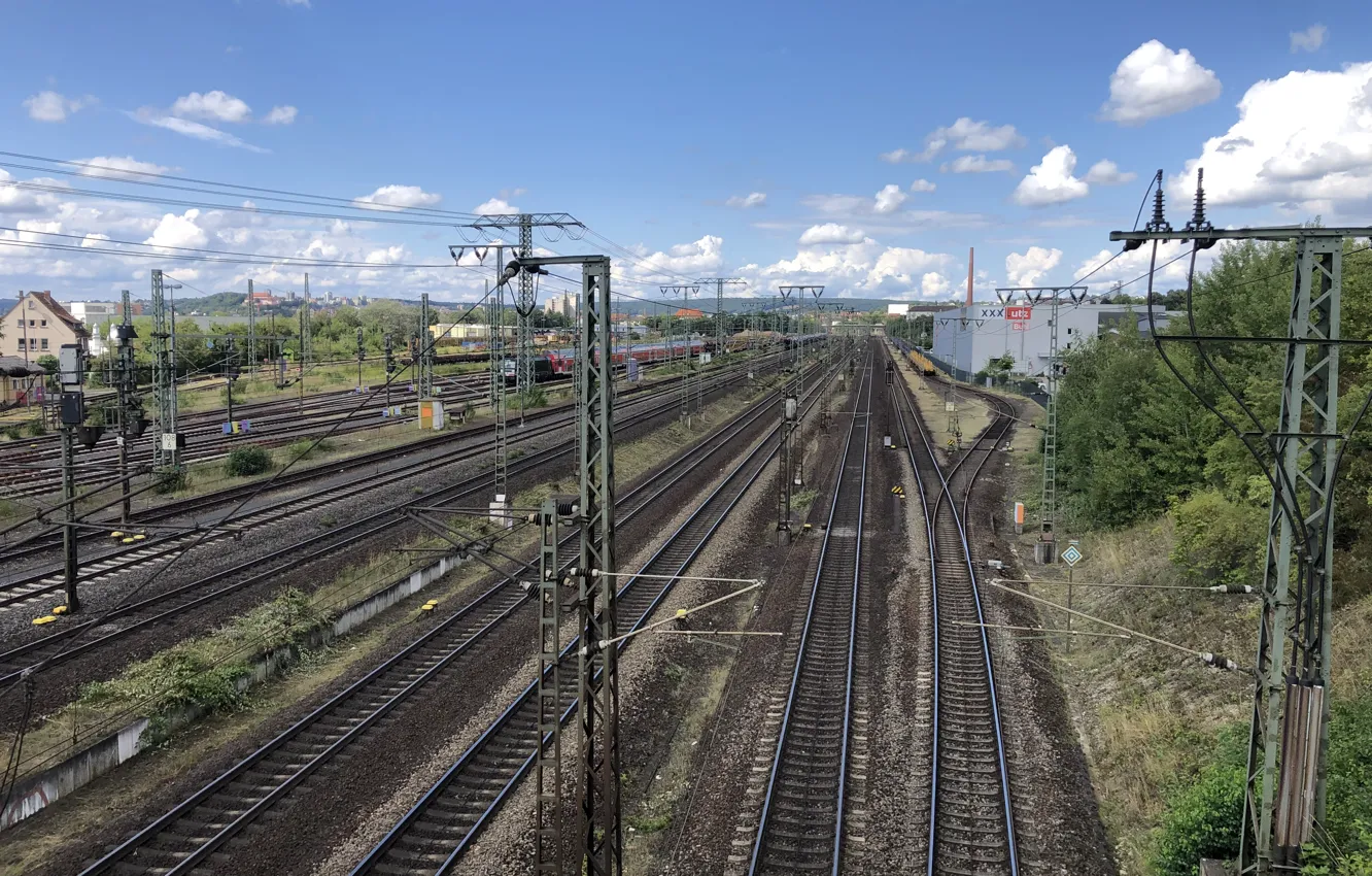 Photo wallpaper the sky, clouds, posts, wire, rails, train, current