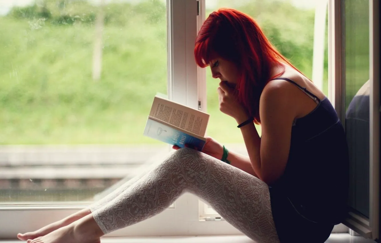 Photo wallpaper girl, novel, sexy, redhead, book, legs, window