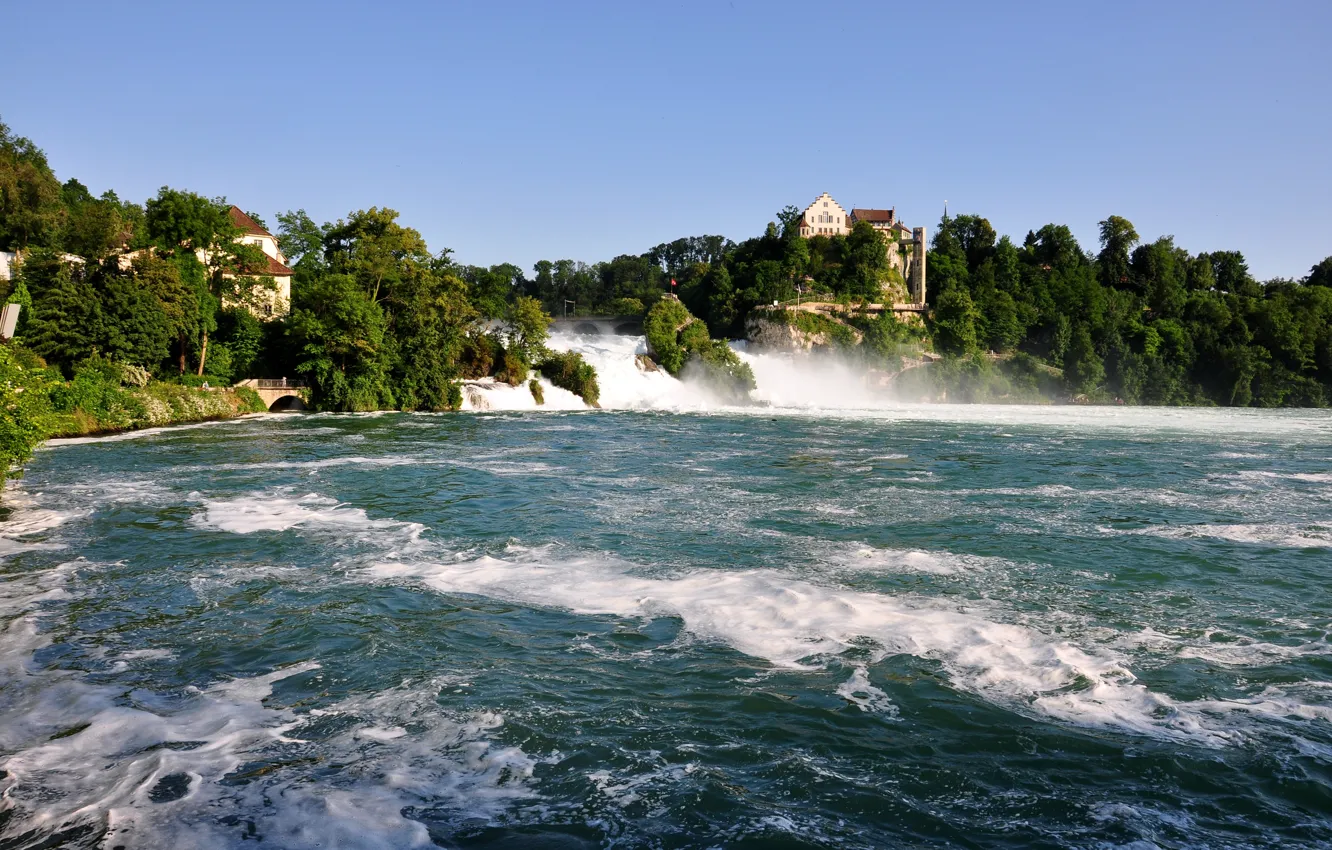 Photo wallpaper the sky, trees, squirt, bridge, lake, waterfall, home, Switzerland