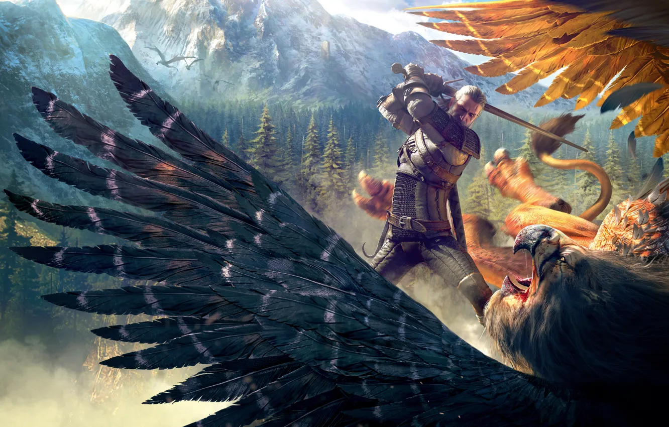 Photo wallpaper mountains, bird, Forest, Griffin, The Witcher, Geralt, CD Projekt RED, The Witcher 3: Wild Hunt