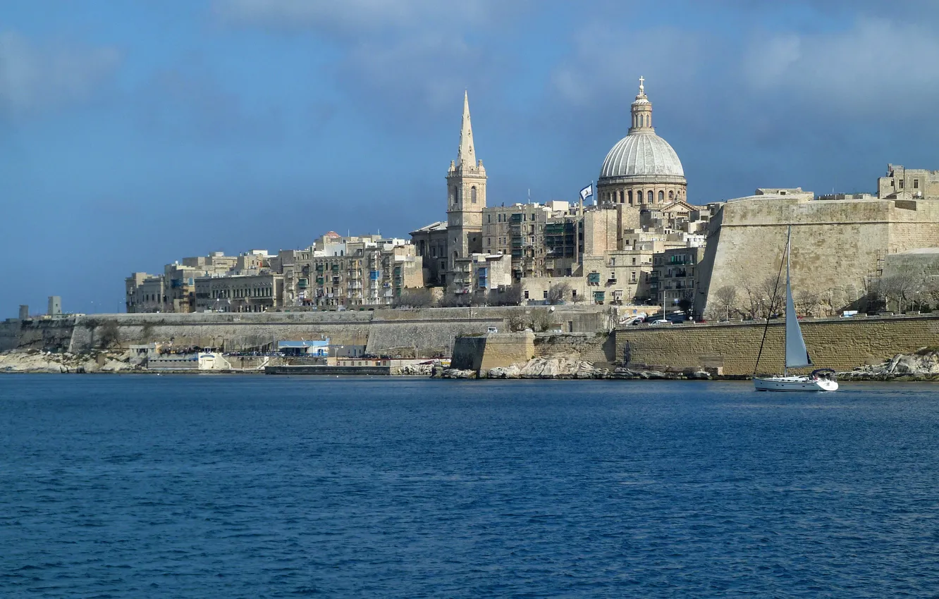Photo wallpaper sea, the sky, home, the dome, Malta, Valletta