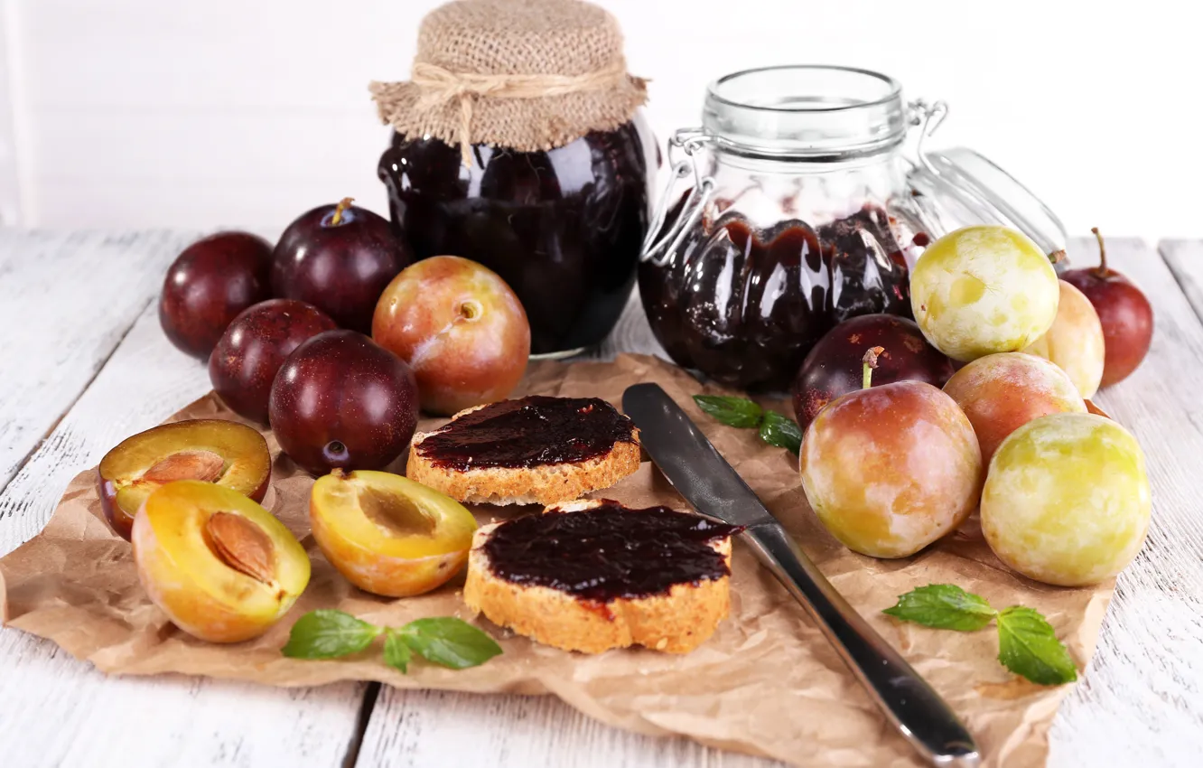 Photo wallpaper photo, food, knife, Bank, plum, jam, sandwiches