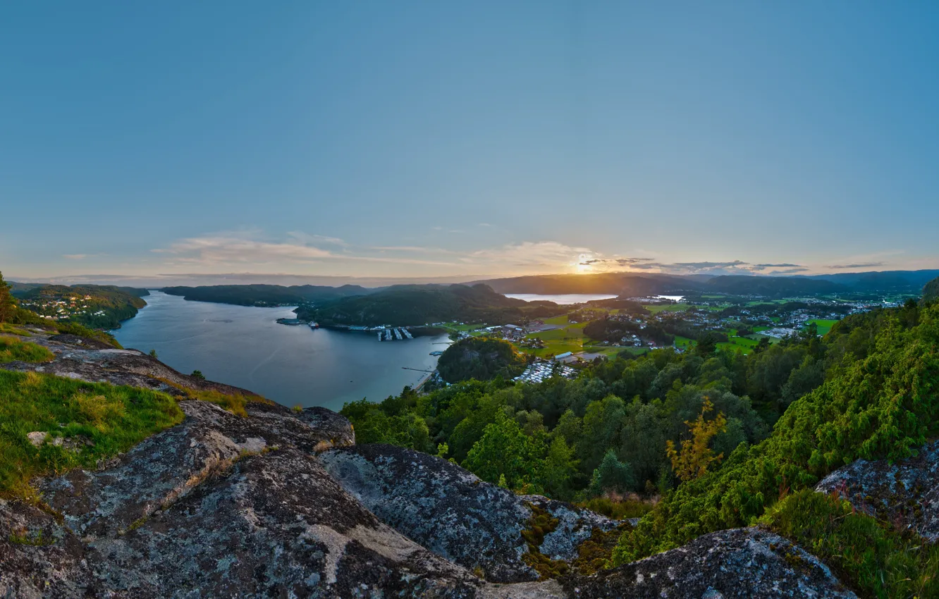 Photo wallpaper sea, greens, landscape, sunset, the city, stones, view, ship