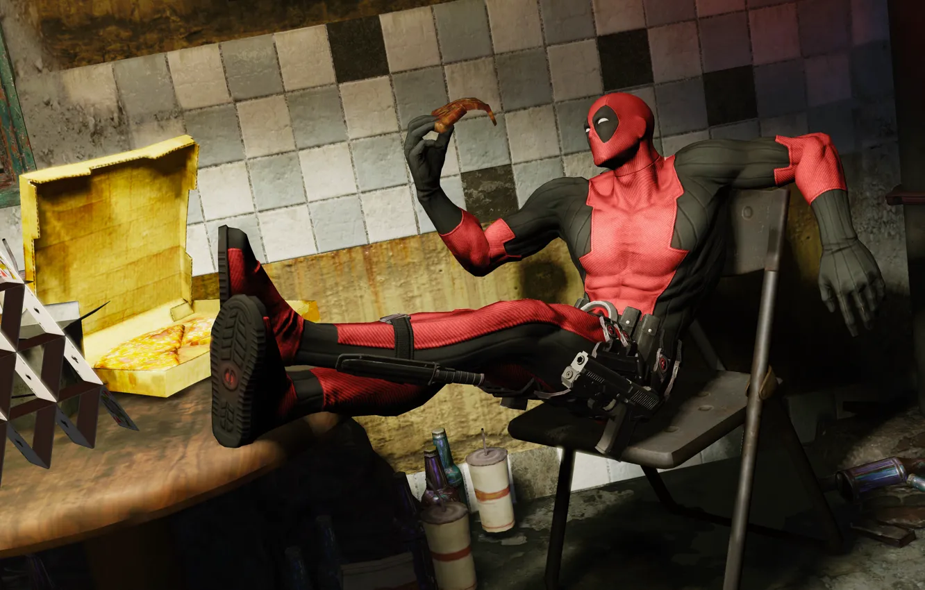 Photo wallpaper pizza, Marvel, Wade Wilson, Deadpool: The Game