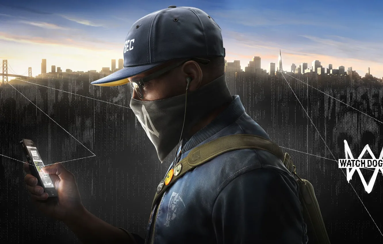Photo wallpaper the city, glasses, cap, gun, cell phone, hack, Watch Dogs2