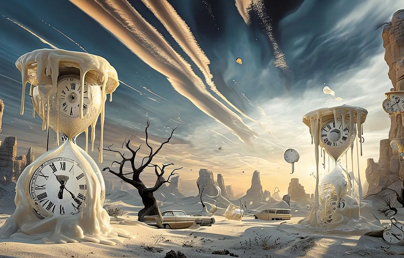 Photo wallpaper clouds, tree, watch, horizon, digital art, digital art, snow, allegory