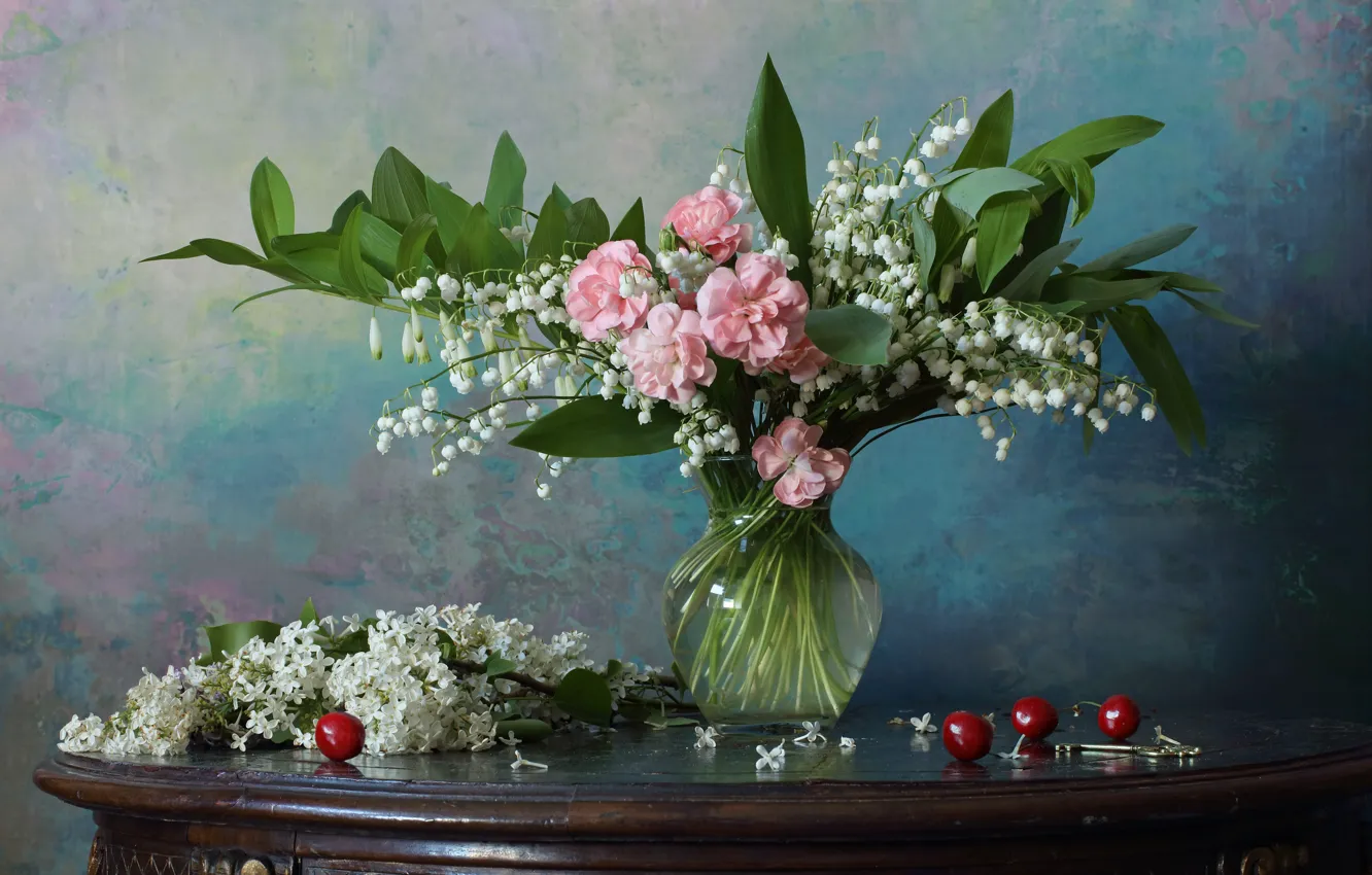 Photo wallpaper flowers, berries, vase, still life, lilies of the valley, table, cherry, lilac