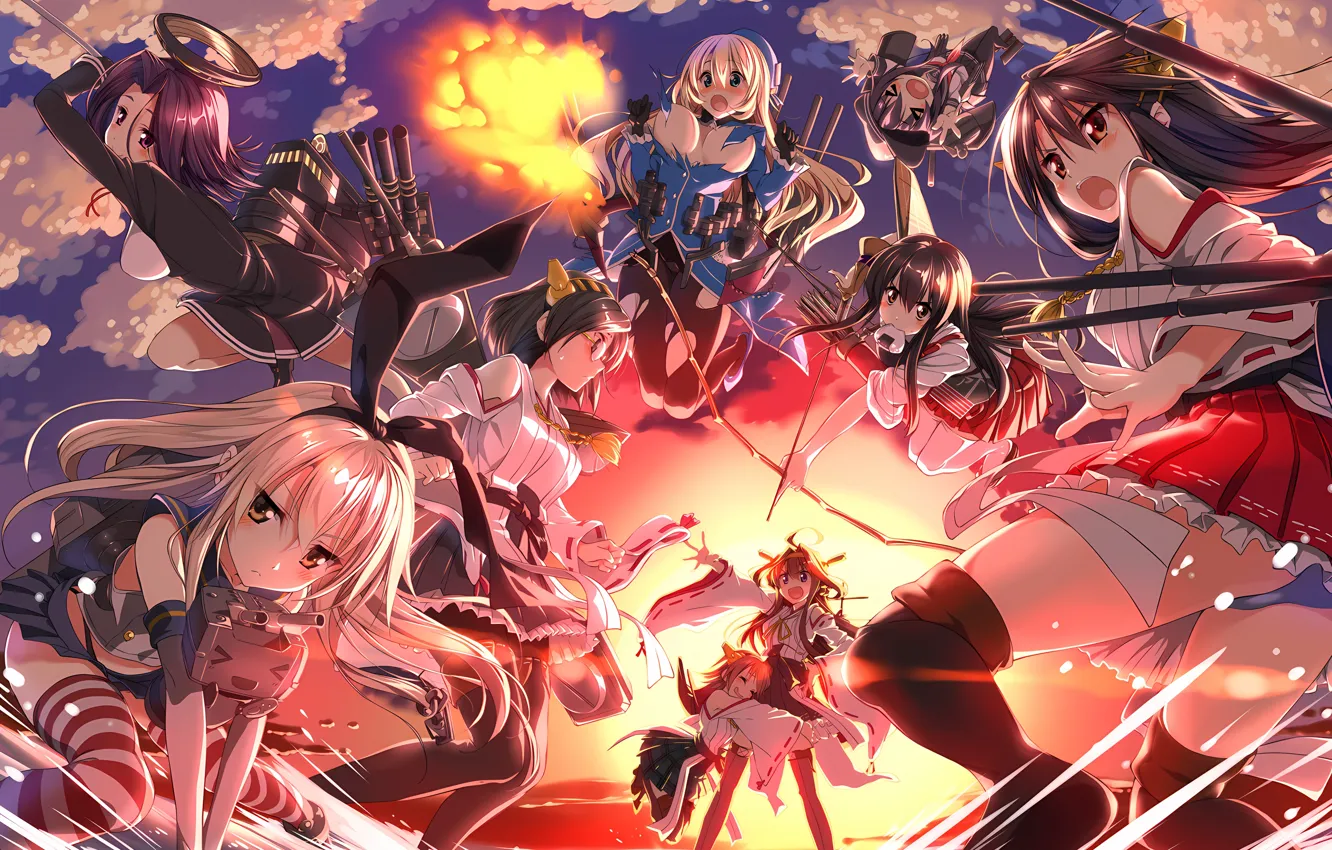 Photo wallpaper sexy, blouse, thighhighs, long hair, dress, girls, brown hair, brown eyes