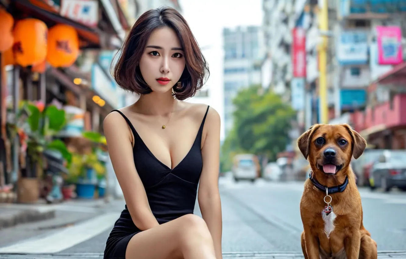 Photo wallpaper the city, street, neckline, Asian, digital art, short hair, girl with dog, digital art