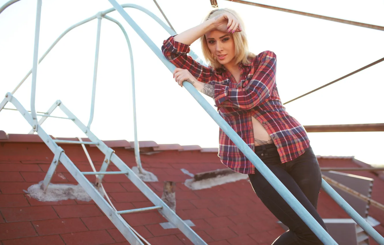 Photo wallpaper roof, look, girl, blonde, shirt, Alysha Nett
