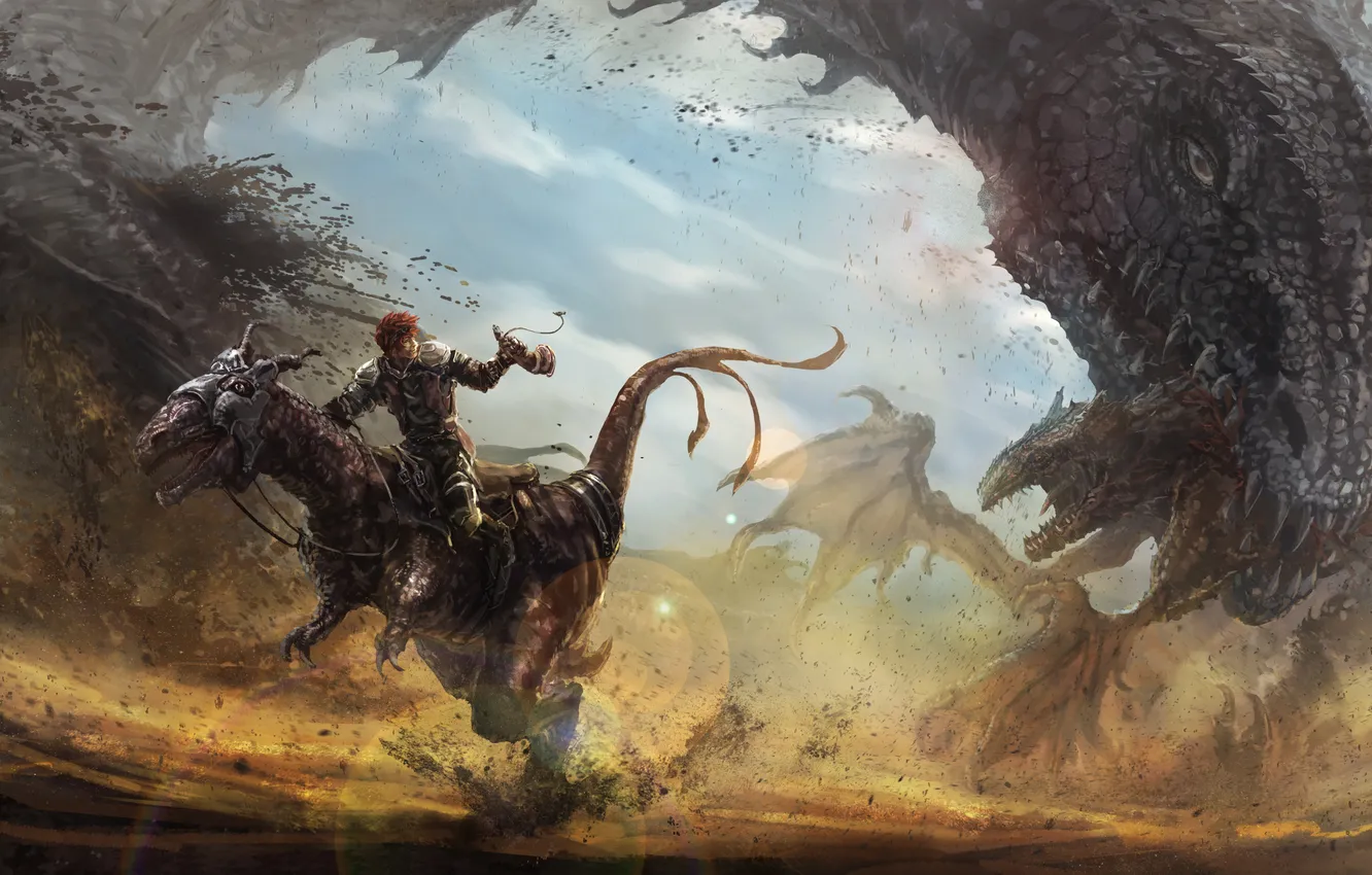 Photo wallpaper sand, people, monster, dinosaur, chase, head, lizard