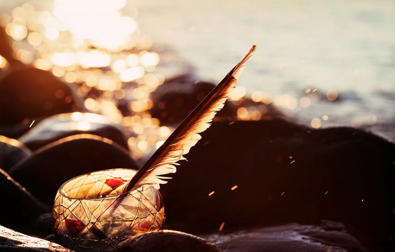 Photo wallpaper light, stones, feathers