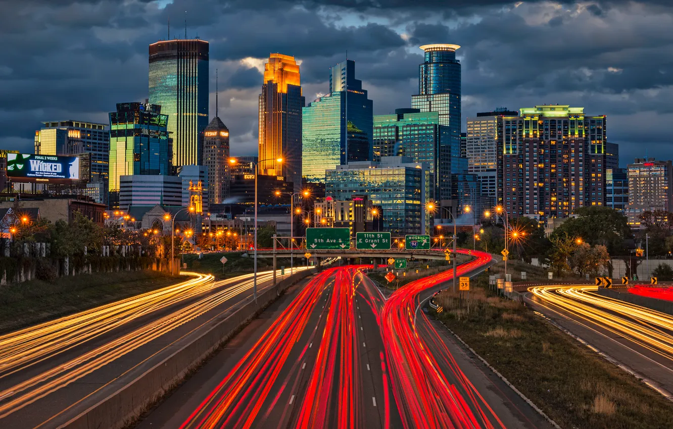 Photo wallpaper road, light, the city, lights, home, the evening, excerpt, USA