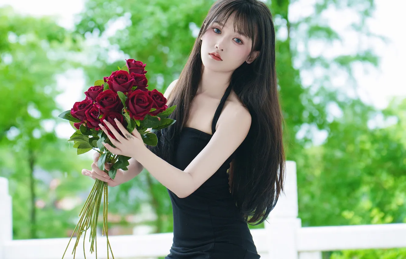 Photo wallpaper flower, woman, beautiful, model, pretty, asian, bouquet, roses