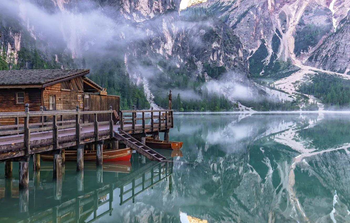 Photo wallpaper mountains, lake, boat house