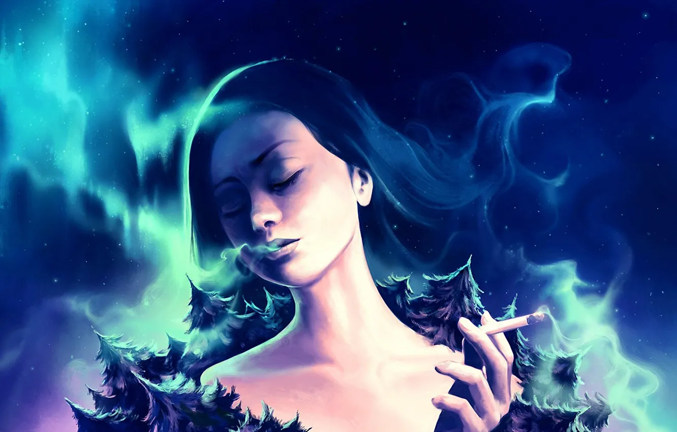 Photo wallpaper space, stars, trees, smoke, Northern lights, cigarette, space, earth