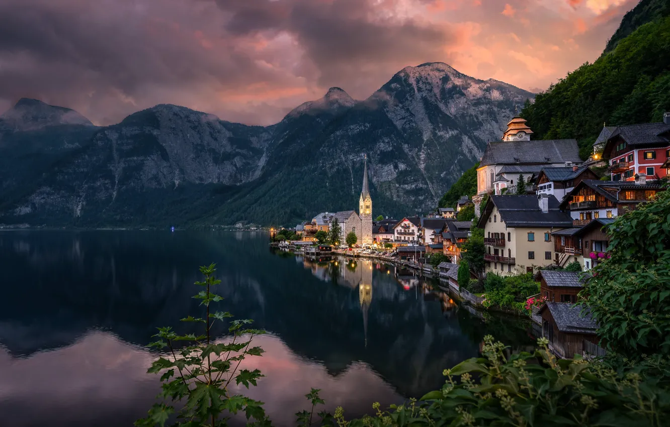 Photo wallpaper mountains, lake, building, home, the evening, Austria, Alps, Austria