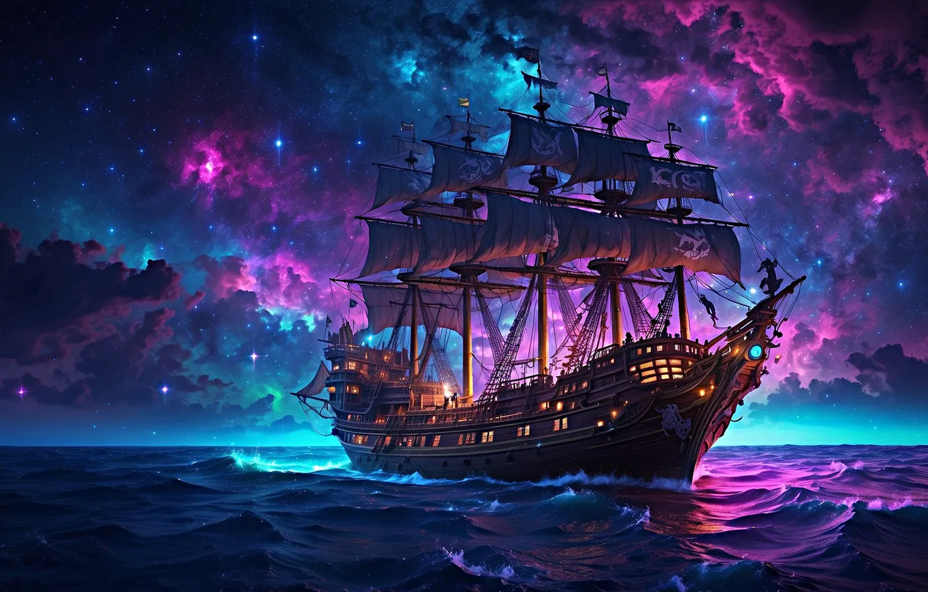 Photo wallpaper sea, wave, the sky, stars, clouds, light, night, lights