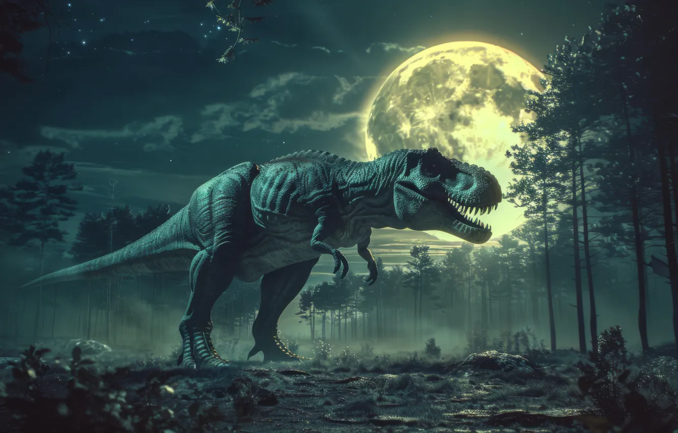 Photo wallpaper trees, night, animal, the moon, dinosaur, predator, Tyrannosaurus, digital art