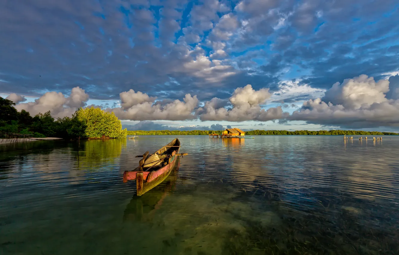Photo wallpaper clouds, light, boat, pond