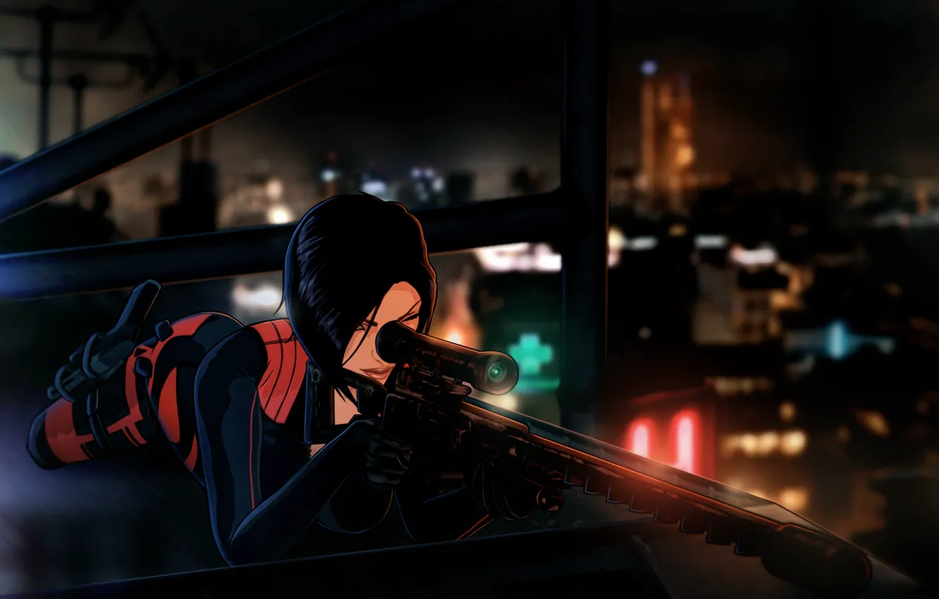 Photo wallpaper roof, night, weapons, woman, Paris, sniper, sniper rifle, Fear Effect