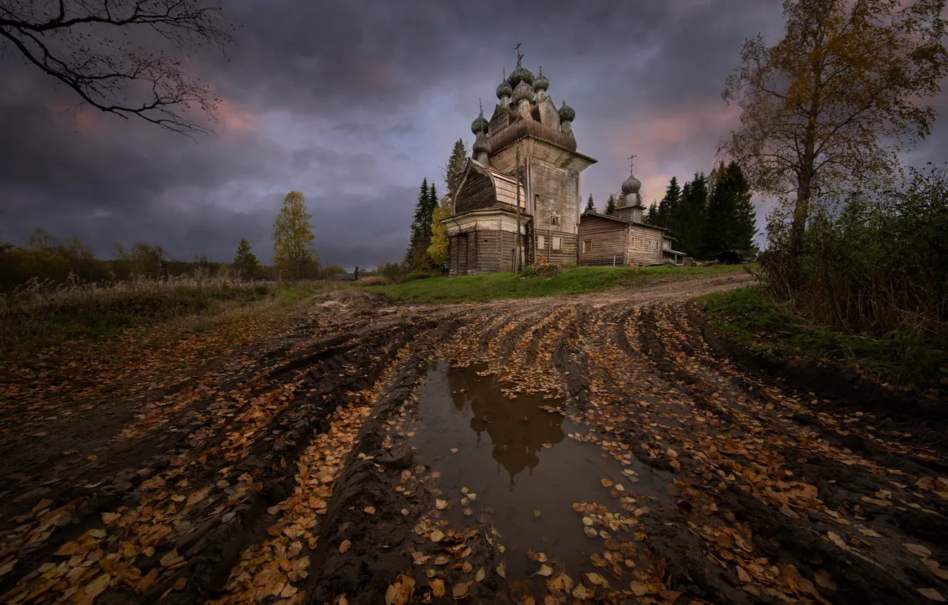 Photo wallpaper road, autumn, landscape, clouds, puddle, dirt, Church