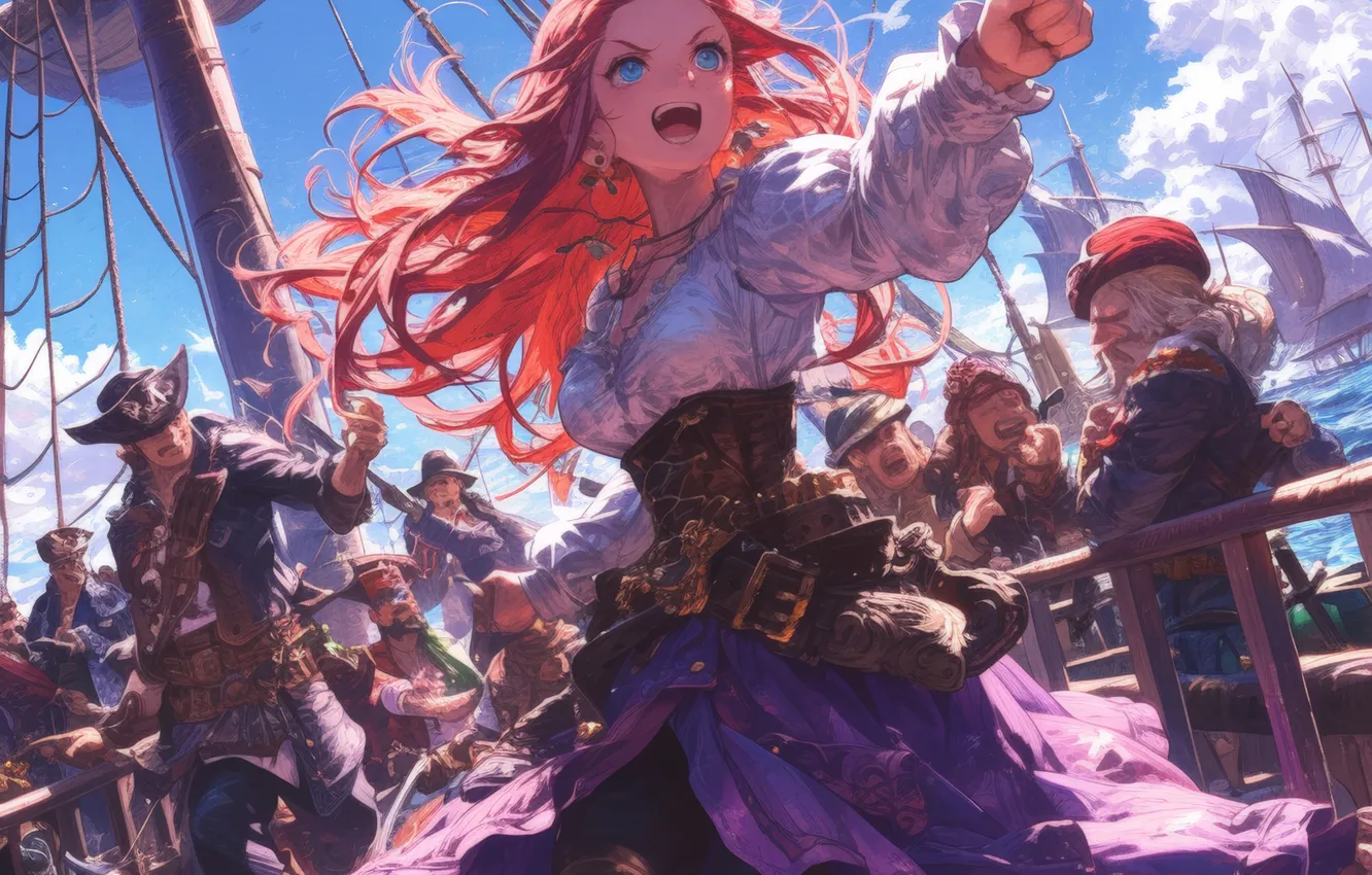 Photo wallpaper girl, clouds, ship, pirate, male, pirates, digital art, AI art