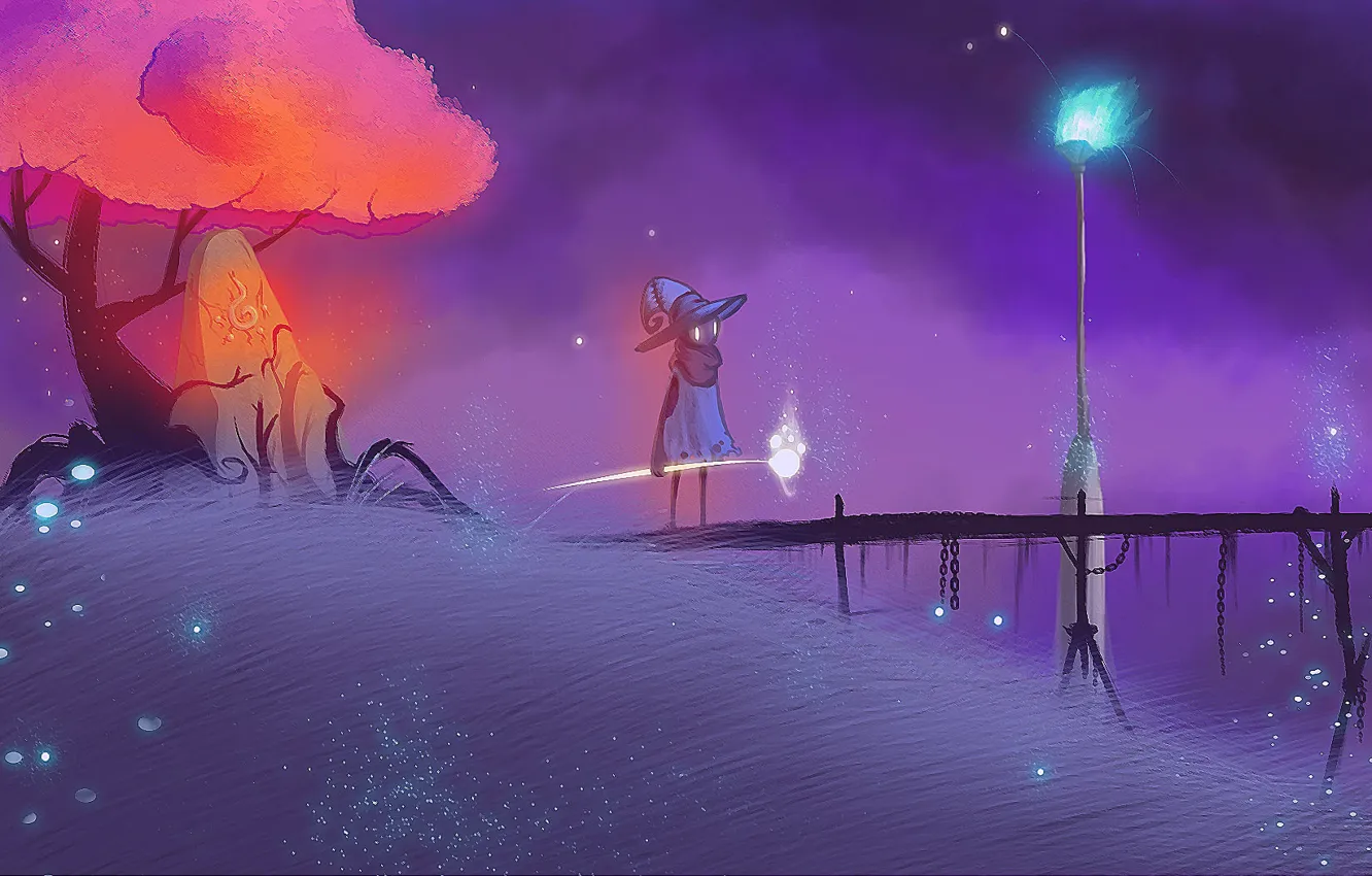 Photo wallpaper light, trees, blue, red, bringing