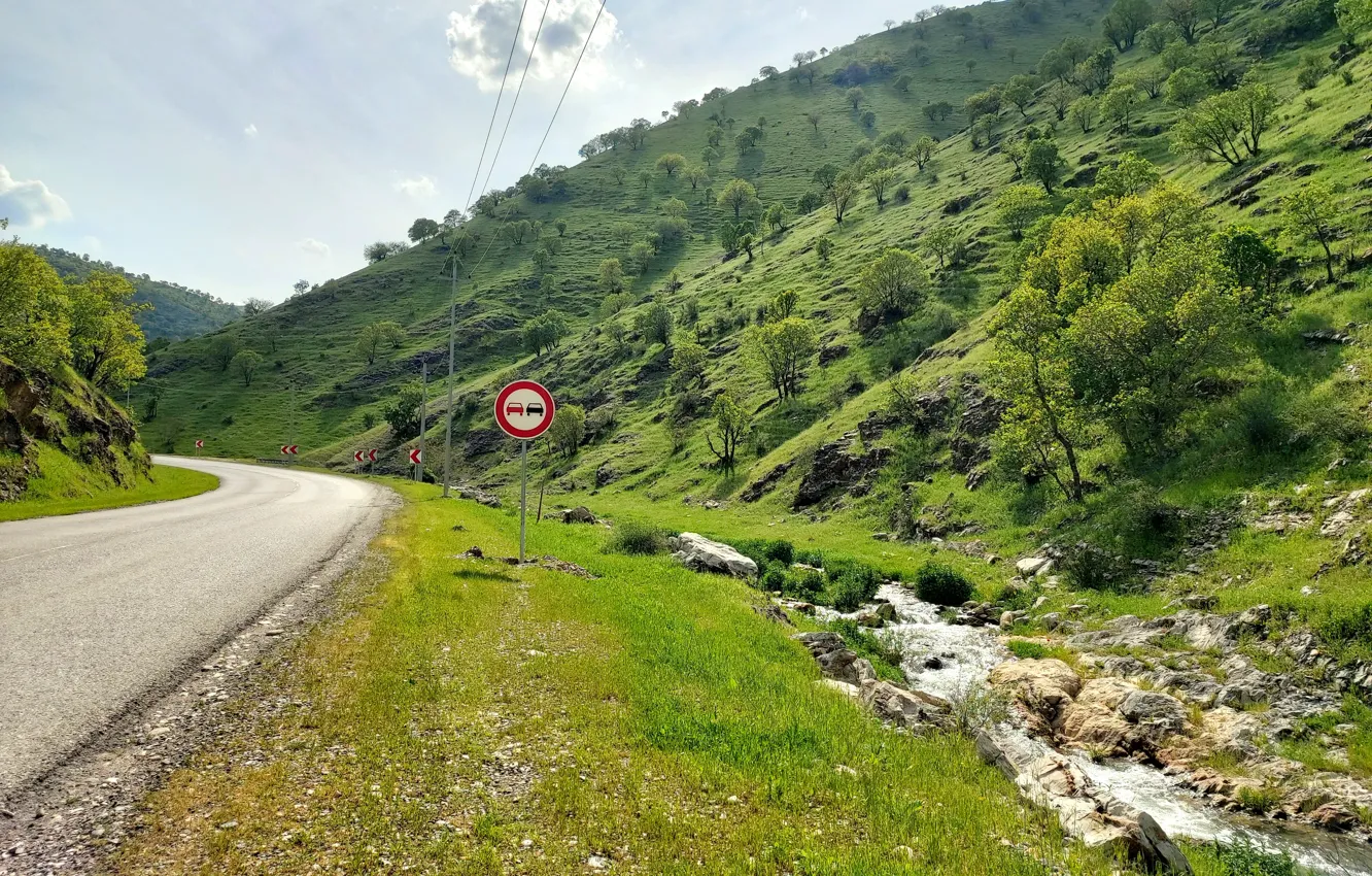 Photo wallpaper road, sign, mountain, Kurdistan, Qە