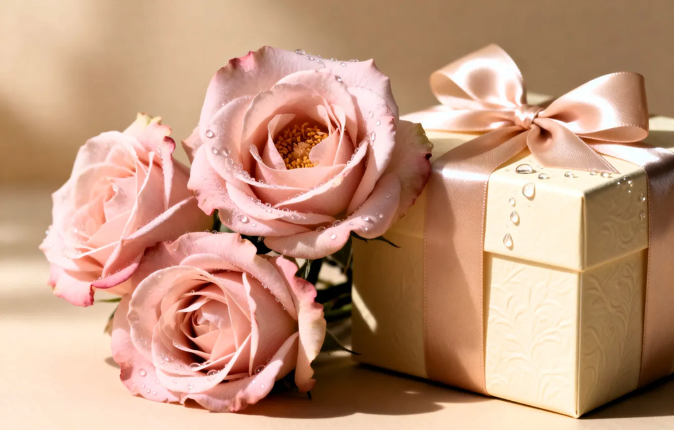 Photo wallpaper drops, box, roses, tape, a gift