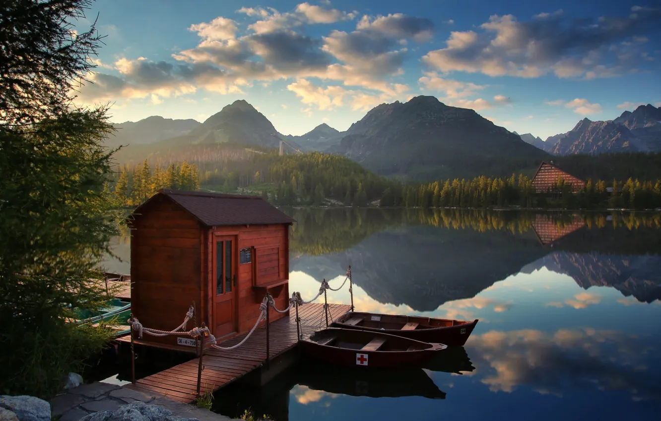 Photo wallpaper landscape, sunset, mountains, nature, lake, boats, pier, house