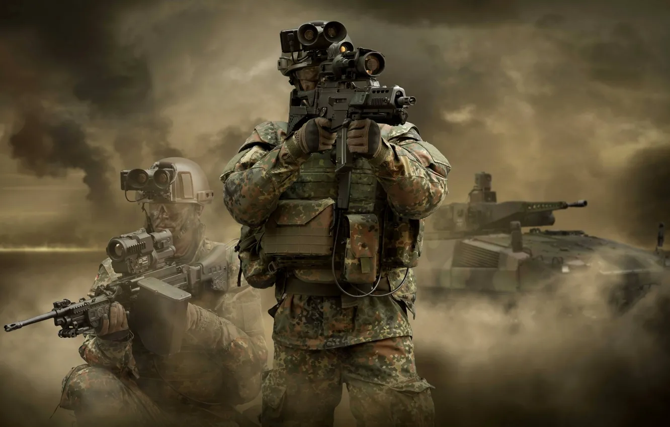 Photo wallpaper soldiers, weapons, tank, equipment