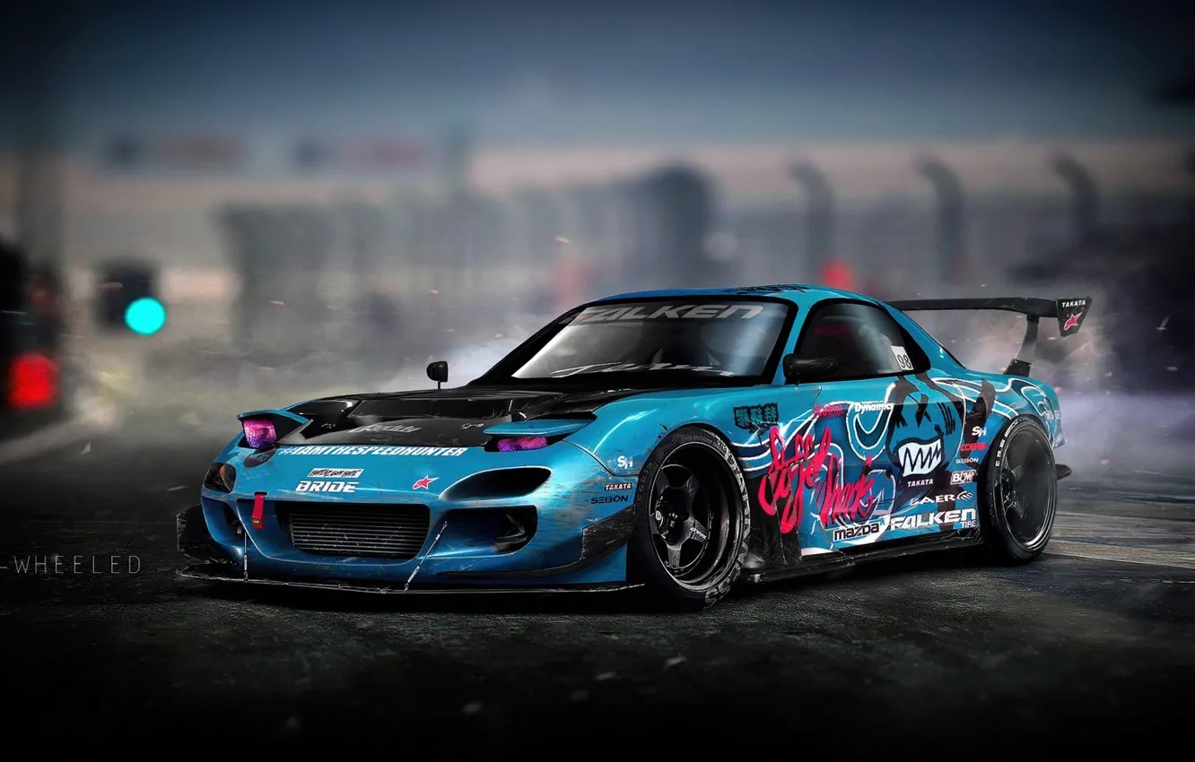 Photo wallpaper Auto, Blue, Machine, Drift, Mazda, Illustration, Mazda rx7, Mazda RX-7