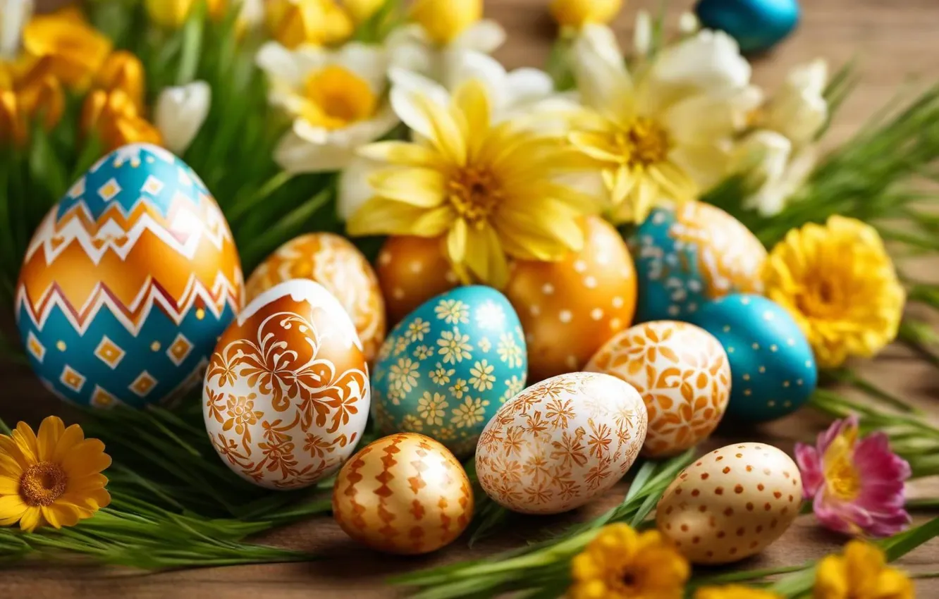 Photo wallpaper flowers, eggs, spring, colorful, Easter, flowers, spring, Easter