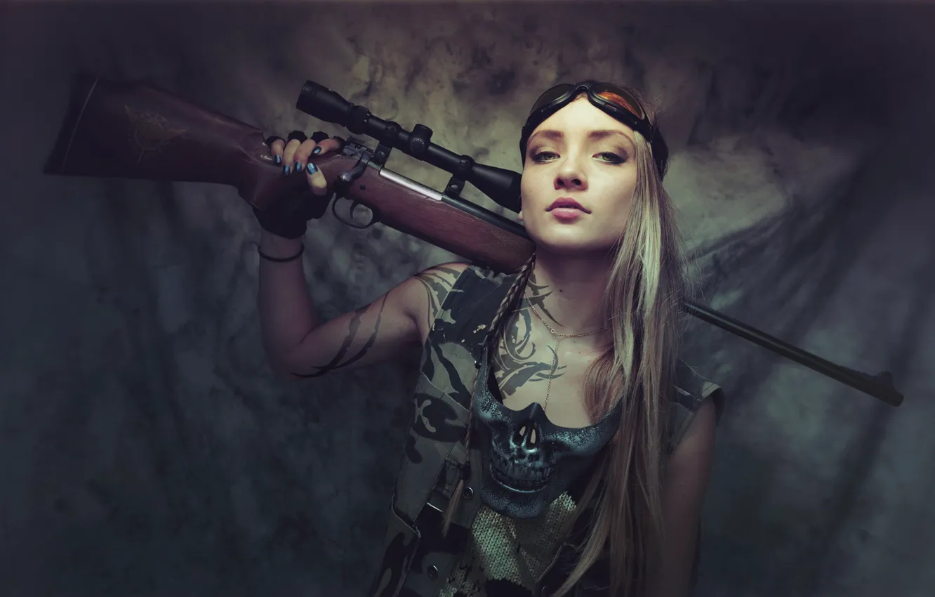 Photo wallpaper look, girl, rifle