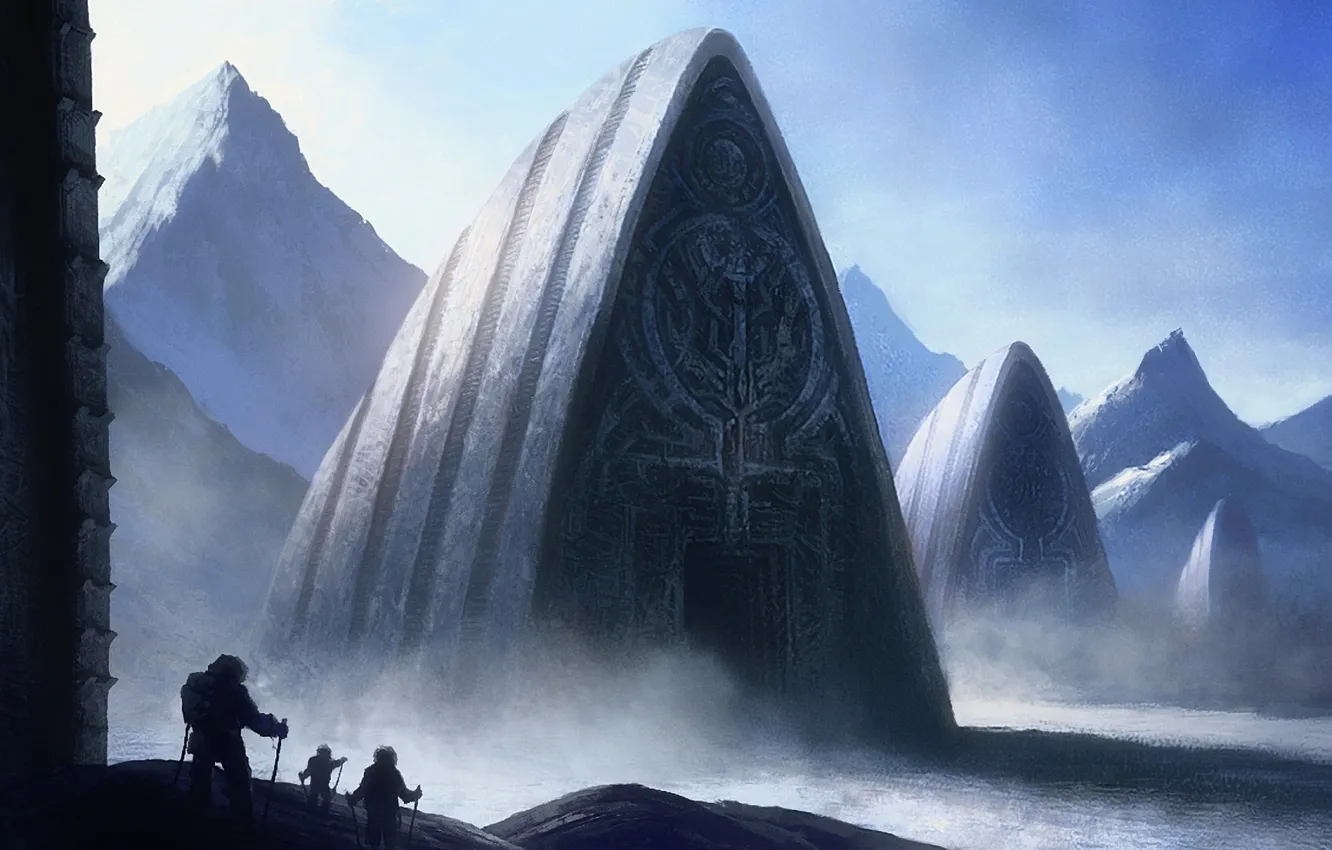 Photo wallpaper snow, mountains, pattern, figure, building, construction, art, Blizzard