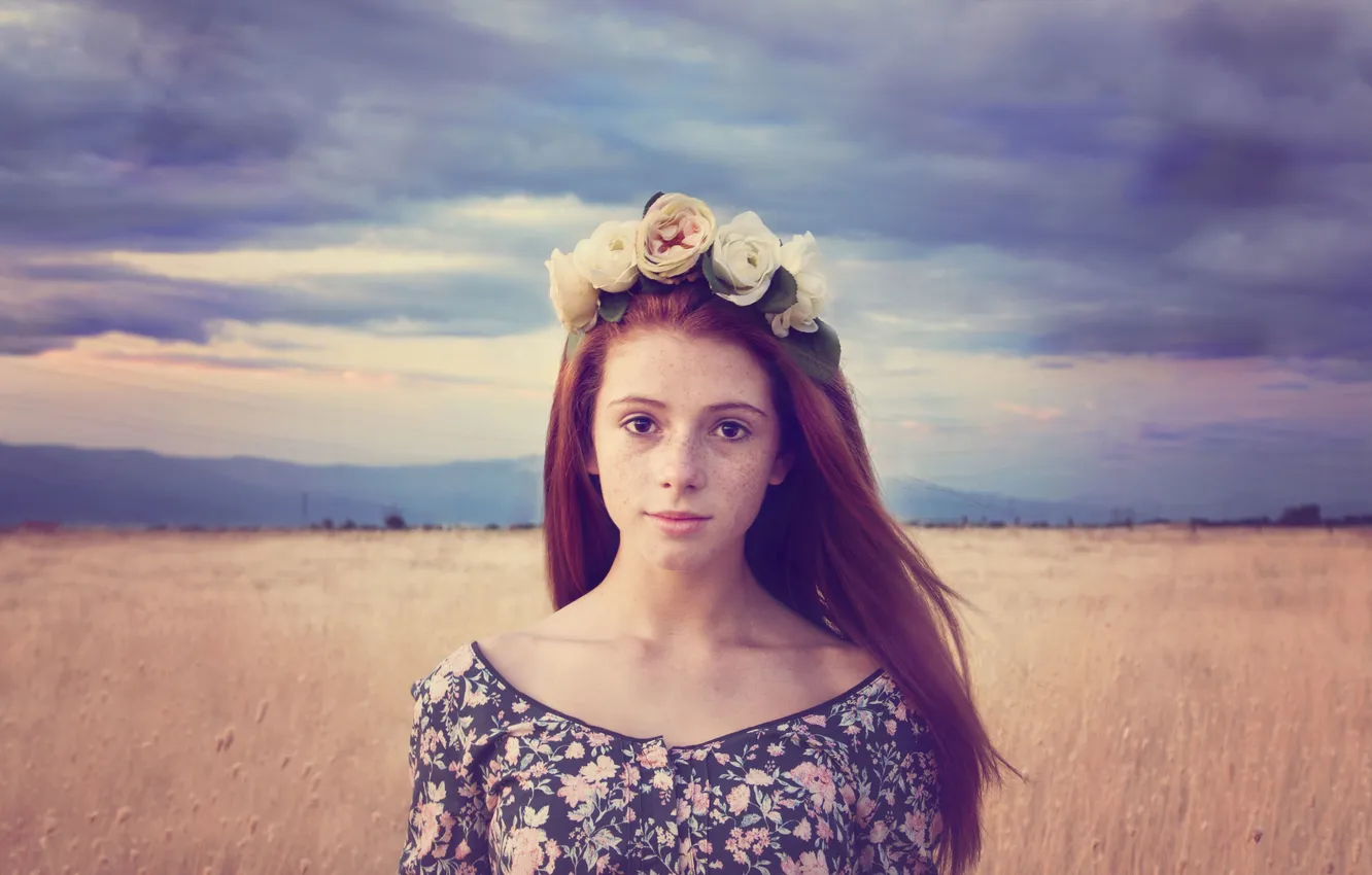 Photo wallpaper field, girl, hills, hair, dress, lips, shoulders, power lines