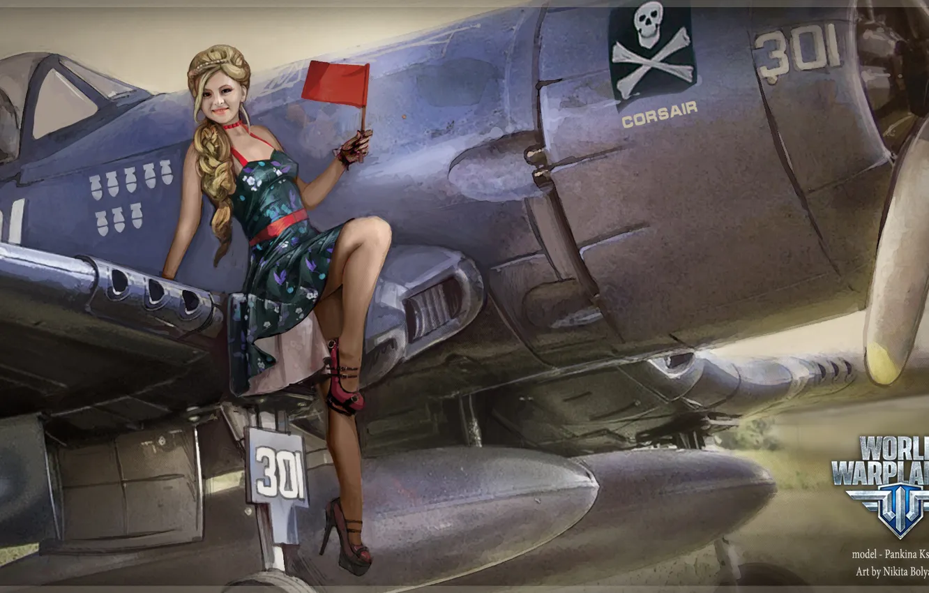 Photo wallpaper girl, girl, the plane, flags, aviation, air, MMO, Wargaming.Net