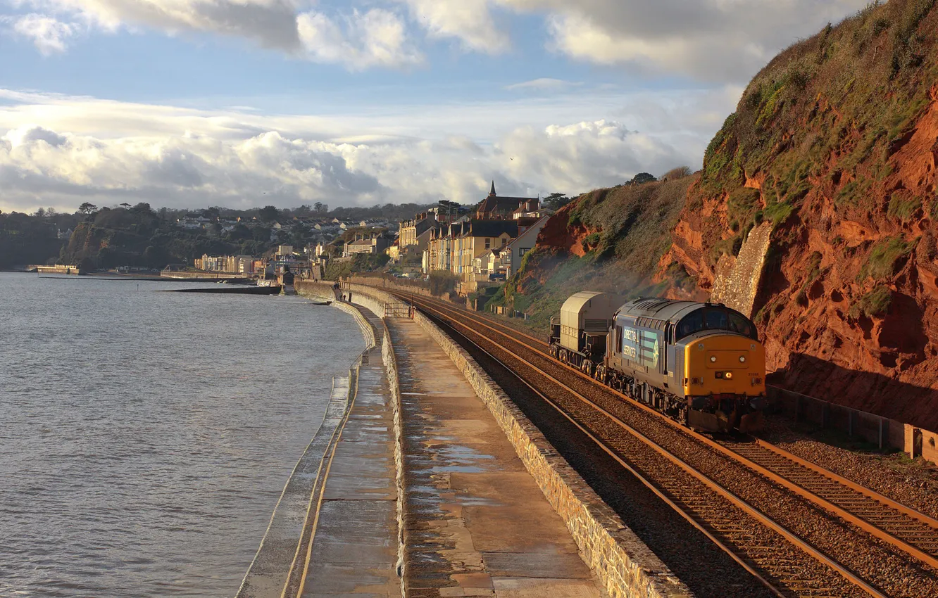 Photo wallpaper sea, the city, hills, shore, train, slope, railroad