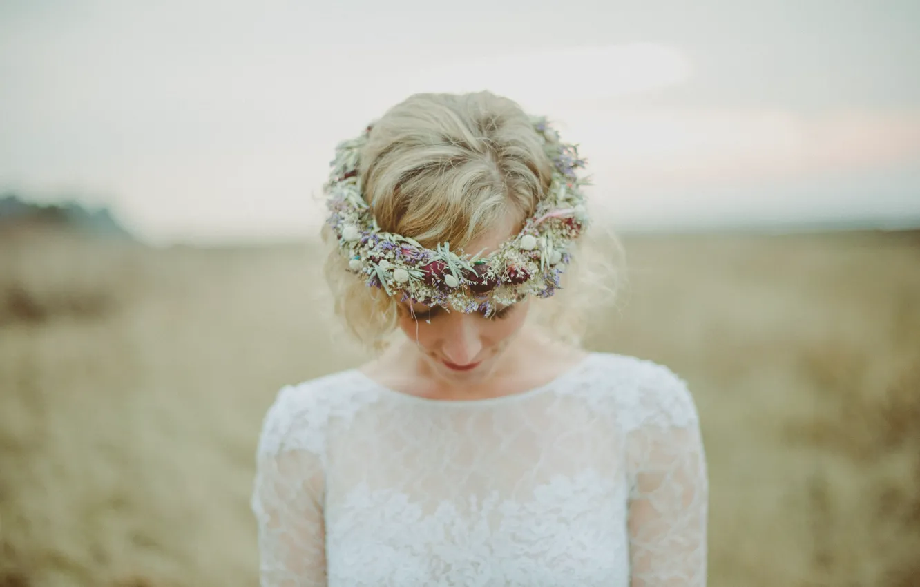 Photo wallpaper flowers, blonde, the bride, white dress, wreath