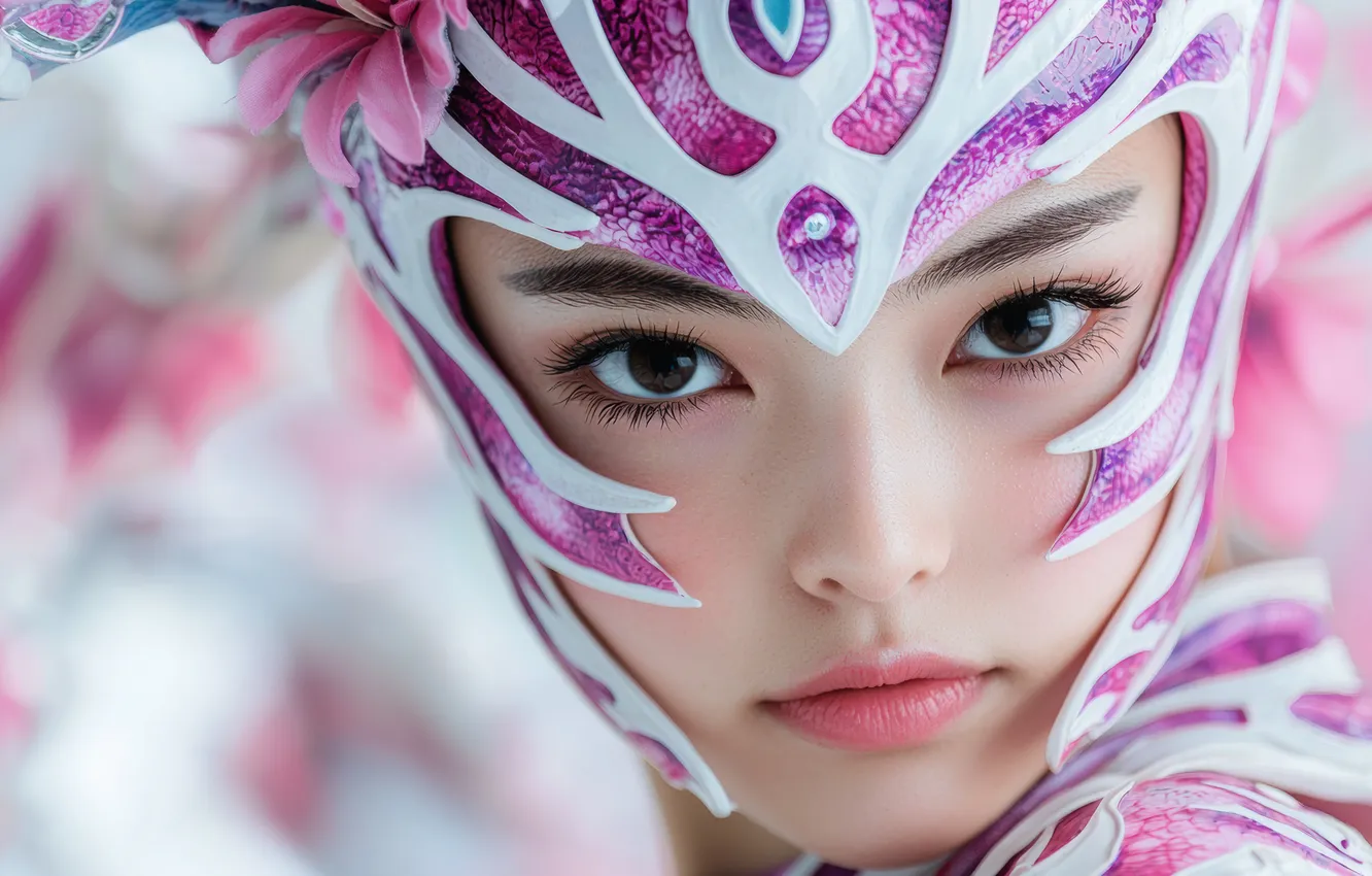 Photo wallpaper look, girl, decoration, flowers, face, portrait, brunette, mask