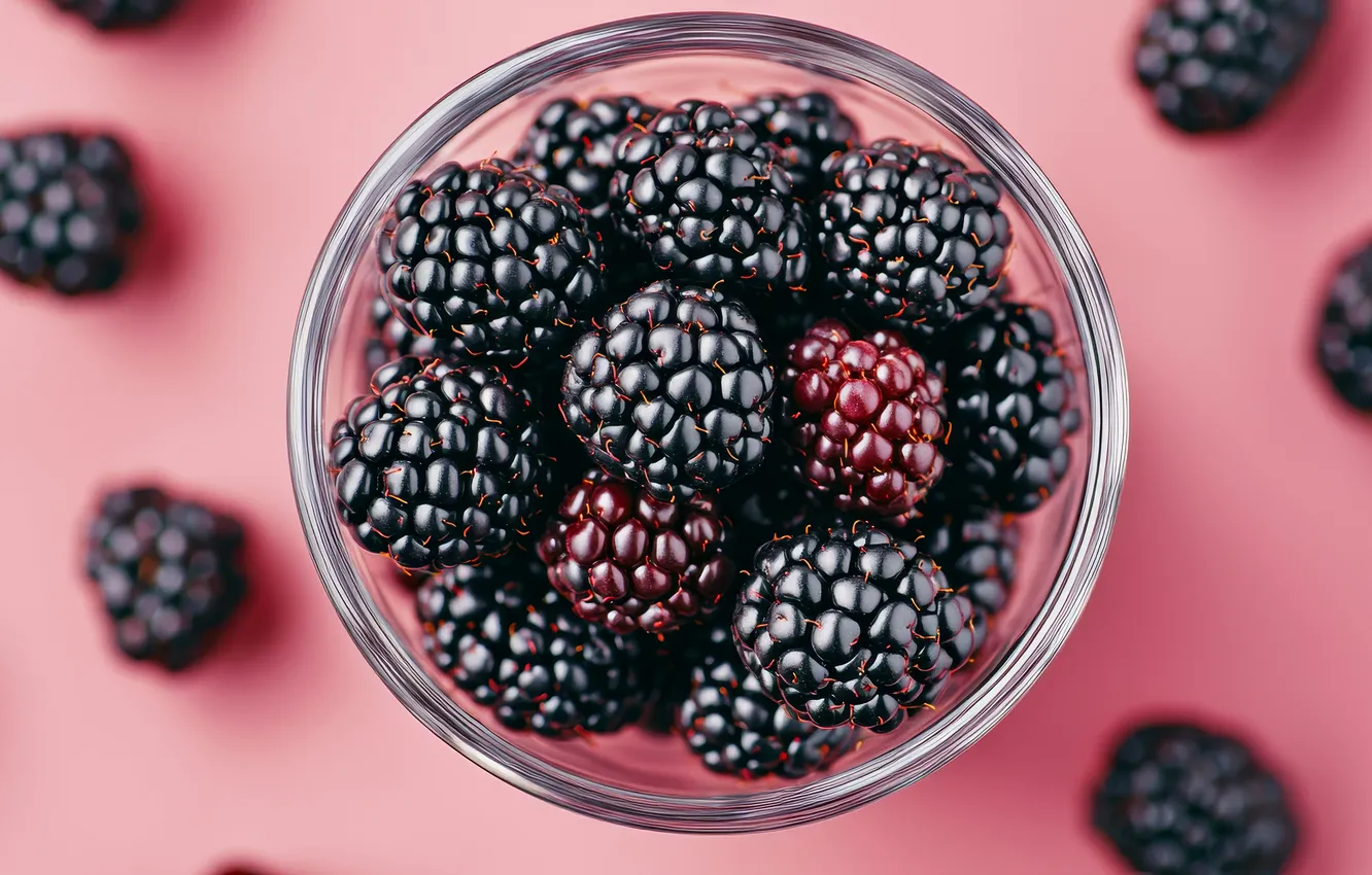 Photo wallpaper glass, berries, table, bowl, pink background, BlackBerry, bowl, AI art