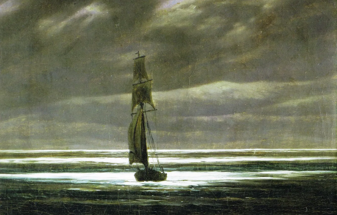 Photo wallpaper ship, picture, sail, seascape, Caspar David Friedrich, The shore in the Moonlight