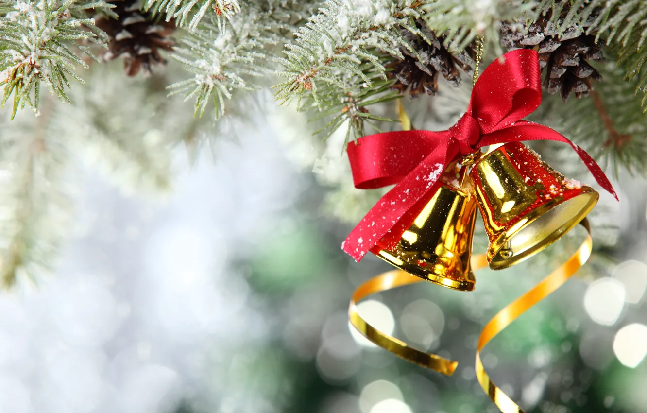 Photo wallpaper snow, decoration, branches, tree, new year, spruce, bells, bumps