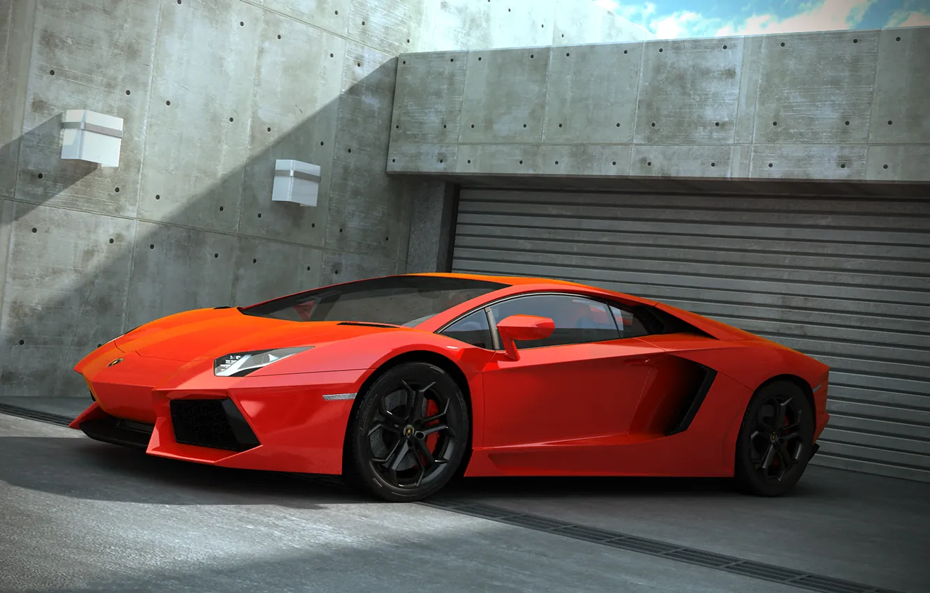 Photo wallpaper garage, lamborghini, orange, aventador